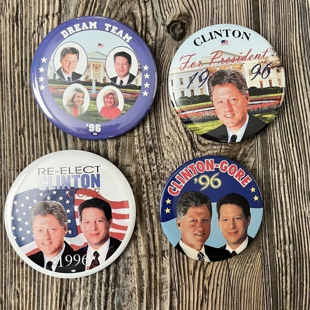 1996 Re-Elect Clinton Gore Campaign Button Badge Pin Pinback Dream Team Hillary